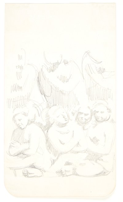 Gruppe med siddende figurer med korslagte arme i forgrunden. Studieblad efter relieffer i Borobudur, Java. af Svend Rathsack