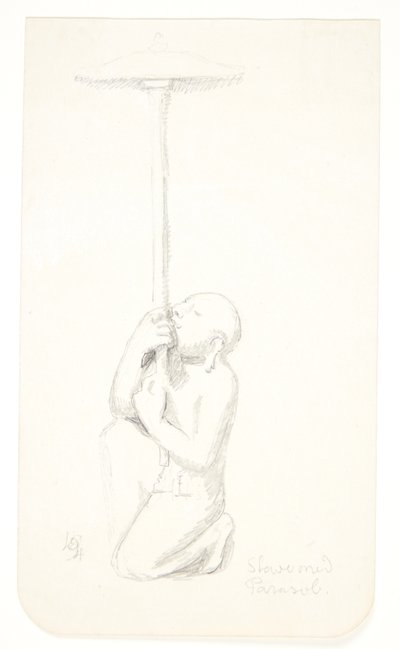 "Slave med parasol". Studieblad efter relieffer i Borobudur, Java. af Svend Rathsack