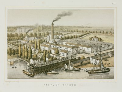 Tekstilfabrik, Carlsviks, Stockholm, Sverige, ca. 1840 (farve litho) af Swedish School