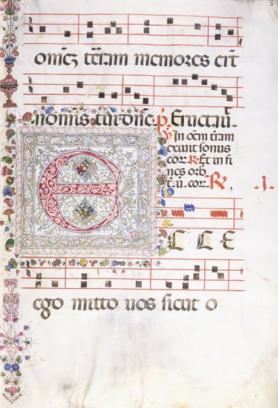 En stor dekoreret initial "E", ca.1500 af Swiss School