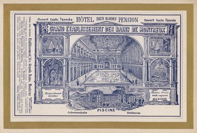 Annonce for Grand Etablissement Des Bains De Montreux (gravering) af Swiss School