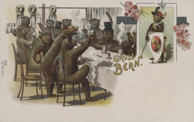 Bjørne drikker øl, hilsner fra Bern, Schweiz (chromolitho) af Swiss School