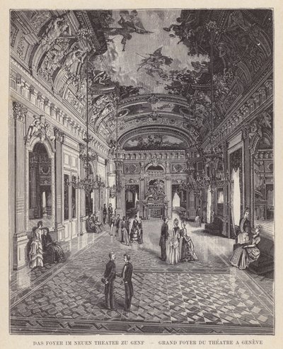 Foyeren i Det Nye Teater i Genève, Grand Foyer du Theatre a Geneve (gravering) af Swiss School