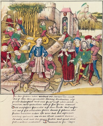 Grundlæggelse af byen Bern i 1191 miniature fra Spiezer Bilderchronik, Schweiz af Swiss School