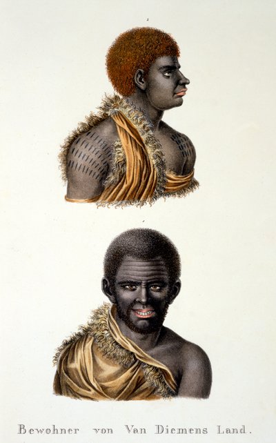 Indfødte i Van Diemans Land, dvs. Tasmanien, fra etnologisk undersøgelse af forskellige racetyper fra forskellige kontinenter, af C.I. Brodtmann, 1824 af Swiss School