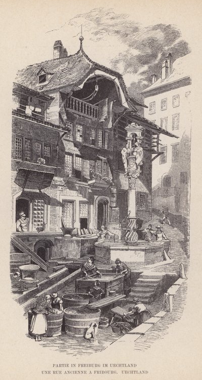 Fest i Freiburg im Uechtland, Une Rue Ancienne i Fribourg, Uechtland (gravering) af Swiss School