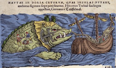 Sømonster og skib, illustration fra 