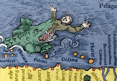Havmonster spiser et menneske, illustration fra 