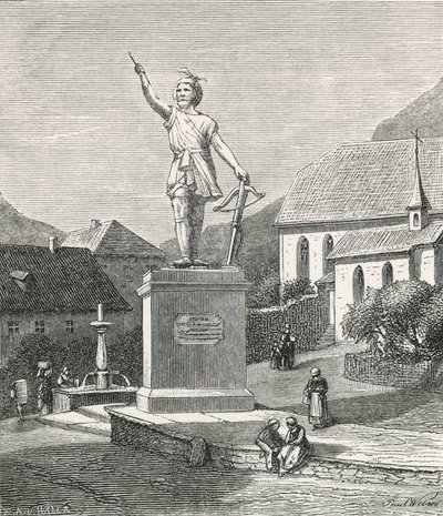 Statue af Tell ved Altorf, nær det sted, hvor han siges at have skudt æblet fra sin søns hoved af Swiss School