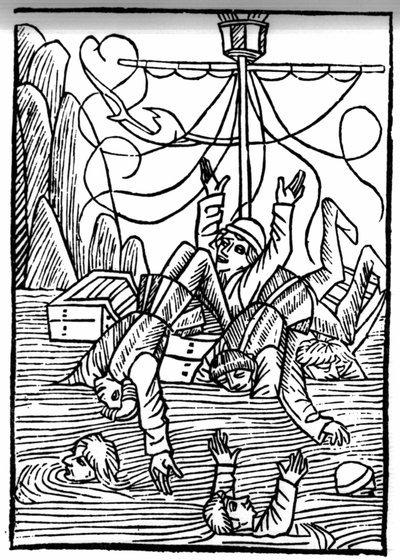 Legenden om Saint Brendan (Brandan), Heros og den irske helgen fra det 6. århundrede Skibe synker i Cleveshavet. Indgravering af "" Die Wunderbare Meerfahrt des Hl. Brandan." balle af Swiss School