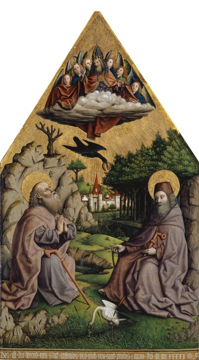 Den mirakuløse fodring af Saint Anthony og Saint Paul Eremitten (blandet medier på træ) af Swiss School