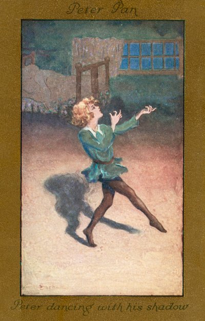 Peter Pan: Peter danser med sin skygge (farvelitografi) af Sybil Barham