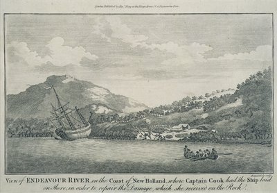 Kaptajn Cook, der er blevet skibbruden på sin rejse rundt om i verden, får Endeavour repareret i en havn på en af Hope Islands, ca. 1786 (gravering) af Sydney (after) Parkinson