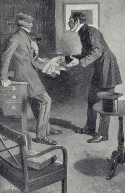 John Stuart Mill overbringer sin ven, Thomas Carlyle, den frygtelige nyhed, at en skødesløs pige har brændt hans manuskript (litografi). af Sydney C Lucas