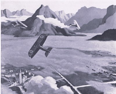 Britiske spejdere, der forlader deres flyveplads på patrulje over Asiago Plateau, Italien, fra British Adventure udgivet af Collins, 1947 af Sydney Carline