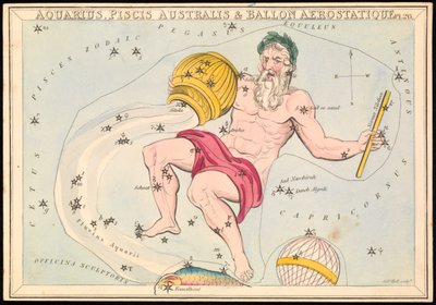 Aquarius, Pisces Australis og Ballon Aerostatique, ca. 1825 (kort, papir, væv) af Sydney Hall