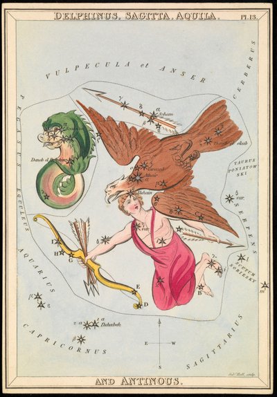 Delphinus, Sagitta, Aquila og Antinous, ca. 1825 (kort, papir, væv) af Sydney Hall