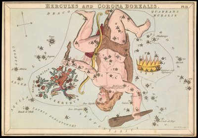 Herkules og Corona Borealis, ca. 1825 (kort, papir, væv) af Sydney Hall
