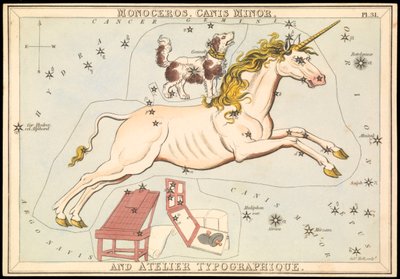 Monoceros, Canis Minor og Atelier Typographique, ca. 1825 (kort, papir, silkepapir) af Sydney Hall