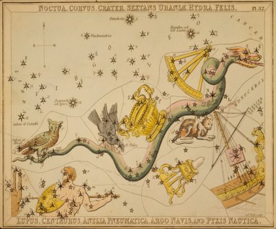 Noctua, Raven, Crater, Urania Sextans, Hydra, Felis, Lupus, Centaurus, Antlia Pneumatica, Argo Navis og Pyxis Nautica, Illustration fra 