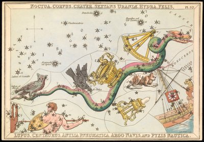 Noctua, Corvus, Crater, Sextans Uraniae, Hydra, Felis, Lupus, Centaurus, Antilia Pnuematica, Argo Navis og Pysix Nautica, ca. 1825 (kort, papir, væv) af Sydney Hall