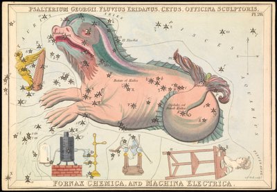 Psalterium Georgii, Fluvius Eridanus, Cetus, Officina Sculptories, Fornax Chemica og Machina Electrica, ca. 1825 (kort, papir, væv) af Sydney Hall