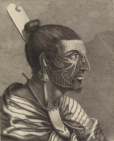 Hovedet af en newzealænder med en kam i håret. af Sydney Parkinson