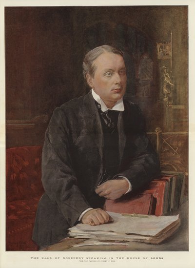 Jarlen af Rosebery taler i House of Lords (farve litho) af Sydney Prior (after) Hall