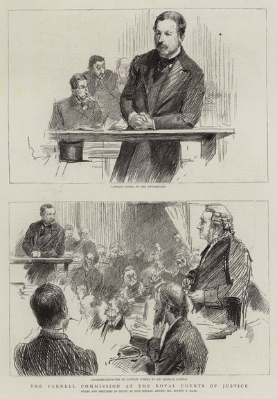 Parnell-kommissionen ved Royal Courts of Justice (gravering) af Sydney Prior (after) Hall