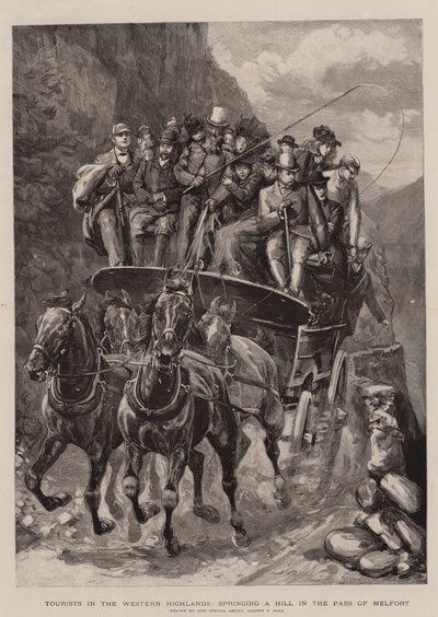 Turister i det vestlige højland, udspringer en bakke i passet Melfort (gravering) af Sydney Prior (after) Hall