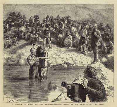 En dåb af nordamerikanske indianere, mormoner, der udgiver sig for at være kristendommens apostle af Sydney Prior Hall