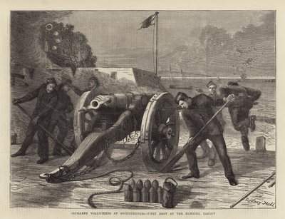 Frivillige artillerister ved Shoeburyness, første skud mod det løbende mål af Sydney Prior Hall