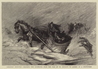 Canadiske skitser, krydser isbroen fra Isle of St. Orleans til Quebec i en snestorm af Sydney Prior Hall
