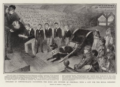 Børn af Newfoundland overrækker hertugen og hertuginden af Cornwall en gave til de kongelige børn af Sydney Prior Hall