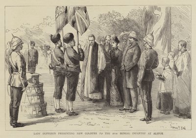 Lady Dufferin præsenterer nye farver for det 18. bengalske infanteri i Alipur af Sydney Prior Hall