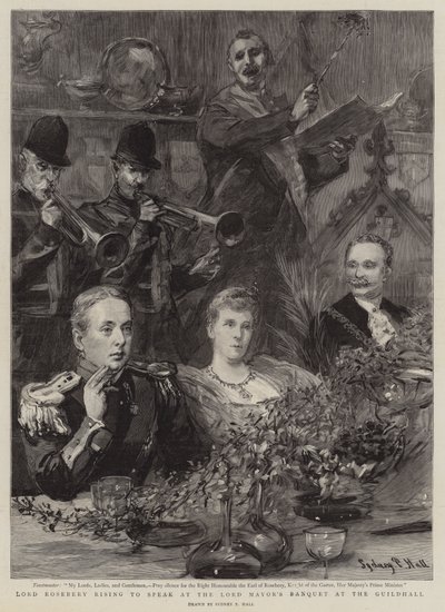 Lord Rosebery rejser sig for at tale ved overborgmesterens banket i Guildhall af Sydney Prior Hall