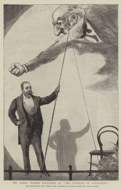 Harry Furniss holder foredrag om The Humors of Parliament af Sydney Prior Hall
