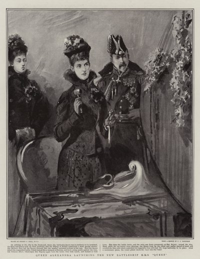 Dronning Alexandra lancerer det nye slagskib H M S Queen af Sydney Prior Hall