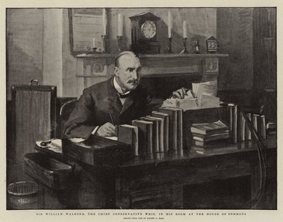 Sir William Walrond, den konservative chefpisker, i sit værelse i Underhuset af Sydney Prior Hall