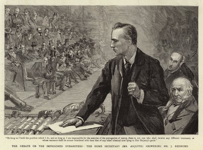 Debatten om de fængslede dynamitere, indenrigsministeren (Asquith) svarede J. Redmond af Sydney Prior Hall