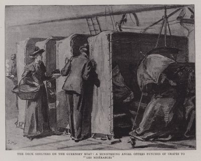 Dækket Shelters på Guernsey-båden, en engel tilbyder drueklaser til Les Miserables af Sydney Prior Hall