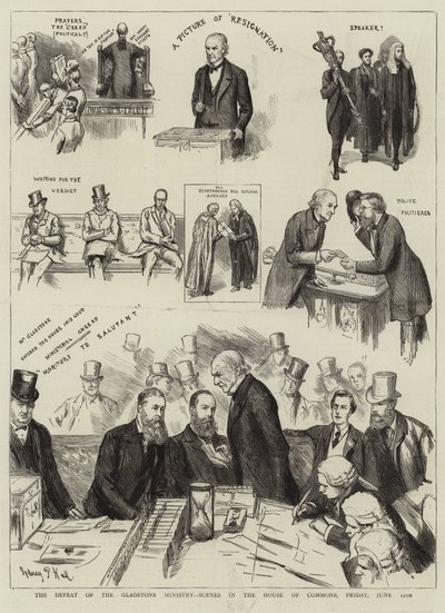 Gladstone-ministeriets nederlag, scener i Underhuset, fredag den 12. juni af Sydney Prior Hall