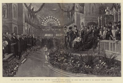 Hertugen og hertuginden af Cornwall og York åbner det første parlament i United Australia, taler fra tronen i Exhibition Building, Melbourne af Sydney Prior Hall