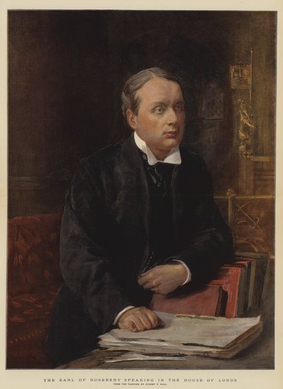 Jarlen af Rosebery taler i Overhuset (chromolitho) af Sydney Prior Hall