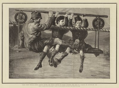 Den første rejse, prins Albert Victor og prins George af Wales krydser Dee i en vugge ved Abergeldie 1876 af Sydney Prior Hall