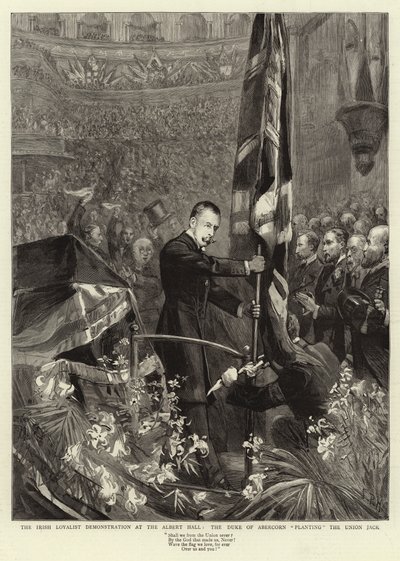 Den irske loyalistiske demonstration i Albert Hall, hertugen af Abercorn planter Union Jack af Sydney Prior Hall