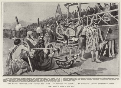 Maori-demonstration foran hertugen og hertuginden af Cornwall i Rotorua, høvdinge overrækker gaver af Sydney Prior Hall