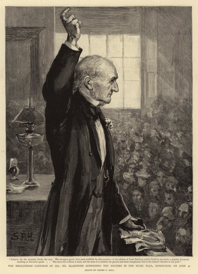The Mid-Lothian Campaign of 1892, Mr Gladstone talte til mødet i Music Hall, Edinburgh, den 30. juni af Sydney Prior Hall