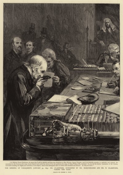 Parlamentets åbning den 31. januar 1893 aflagde hr. Gladstone, støttet af hr. Marjoribanks og hr. H. Gladstone, ed af Sydney Prior Hall