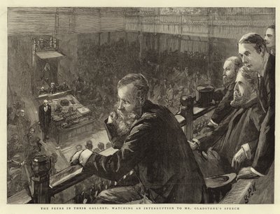 Peers i deres galleri, ser en afbrydelse af hr. Gladstones tale af Sydney Prior Hall